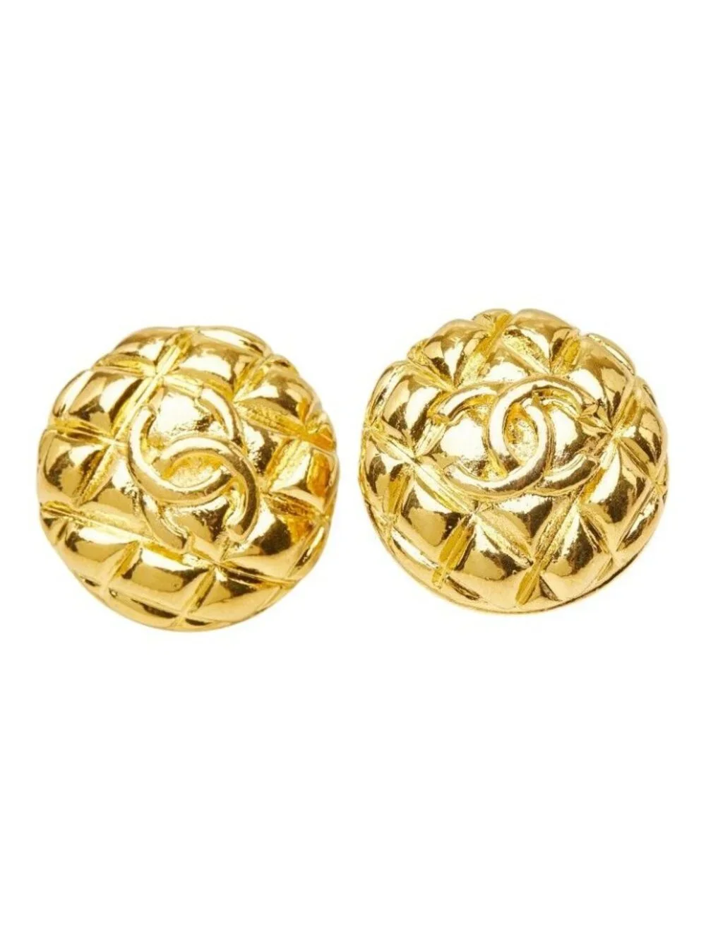 Chanel Vintage Quilted CC Logo Earrings Gold Plated